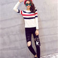 Winter Fashion Sweater Female Color Stripe Flat Knitted Short Full Sleeve - White Black