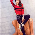 Women Fashion Sweater Sleeve Short Slim Solid O-Neck Thick - Red