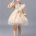 Cute Skirts Winter Flower Girls Diamonds Knee Length Bowknot Wedding Party Dress - Beige