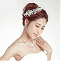 Alloy Leaf Pearls Flower Bridal Headbands Necklace Earrings Women Princess Style Jewelry Sets - Silver