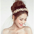 Beaded Leaf Rhinestone Flower Bridal Headbands Earrings Women Princess Style Jewelry Sets - Gold