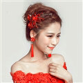 Retro Alloy Rhinestone Butterfly Bridal Headbands Jewelry Earring Women Weeding Sets - Red
