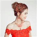 Retro Alloy Rhinestone Peacock Bridal Hairbands Necklace Earring Women Weeding Jewelry Sets - Red