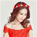 Retro Rhinestone Flower Pearl Bridal Hairbands Earring Women Weeding Jewelry Sets - Red