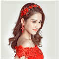 Retro Rhinestone Lace Flower Bridal Headbands Jewelry Earring Women Weeding Sets - Red