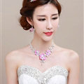 Romantic Rhinestone Yarn Flower Bridal Tiaras Necklace Earring Women Wedding Jewelry Sets 3pcs - Purple