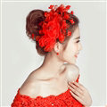Simulation Flower Pearls Beads Bride Headbands Women Wedding Hair Accessories - Red