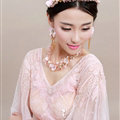 Unique Crystals Beads Yarn Flower Bridal Tiaras Necklace Earring Women Wedding Jewelry Sets 3pcs - Pink