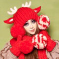 Cute Christmas Antlers Knitted Wool Beanies Caps Winter Warm Devil Ears Fur Ball Hats - Red