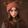 Cute Girls Cat Ears Antlers Knitted Wool Hats Winter Warm Rabbit Fur Beanies Caps - Brown