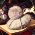 Fashion Flower Diamond Knitted Wool Hats Winter Warm Fox Fur Pom Poms Beanies Caps - Gray