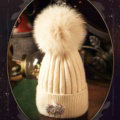 Fashion Women Diamond Elephant Knitted Wool Hats Winter Fox Fur Pom Poms Caps - Beige