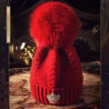 Luxury Women Diamond Crown Knitted Wool Hats Winter Large Fox Fur Pom Poms Caps - Red