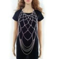 Multilayer Rhinestone Body Chain Punk Dinner Party Long Mesh Necklace Jewelry - Sliver