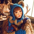 Retro Cat Ears Knitted Wool Caps Hats Women Long Rabbit Fur Ball Bib Hooded Scarf - Blue