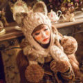 Retro Cat Ears Knitted Wool Caps Hats Women Long Rabbit Fur Ball Bib Hooded Scarf - Camel