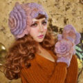Retro Elegant Beret Knitted Wool Hats Girls Winter Warm Lily Flower Pearl Caps - Purple