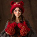 Retro Embroidered Horse Knitted Wool Beanies Caps Winter Warm Cat Ears Hats - Red