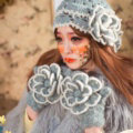 Retro Princess Beret Knitted Wool Hats Girls Winter Warm Lily Flower Pearl Caps - Gray