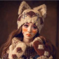 Retro Rabbit Fur Cat Ears Knitted Wool Hats Women Winter Warm Beanies Caps - Beige
