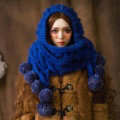 Retro Women Twist Knitted Wool Hats Winter Warm Long Ear Protection Fur Ball Scarf - Blue