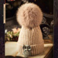 Unique Women Crystal Owls Knitted Wool Hats Winter Warm Fox Fur Pom Poms Caps - Camel