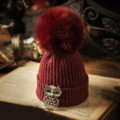 Unique Women Crystal Owls Knitted Wool Hats Winter Warm Fox Fur Pom Poms Caps - Red