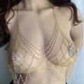 Women Calssic Pearls Body Chain Bikini Bra Slave Harness V Necklace Waist Jewelry - Gold
