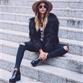 Cheap Cool Faux Fox Fur Overcoat Fashion Women Coat - Black